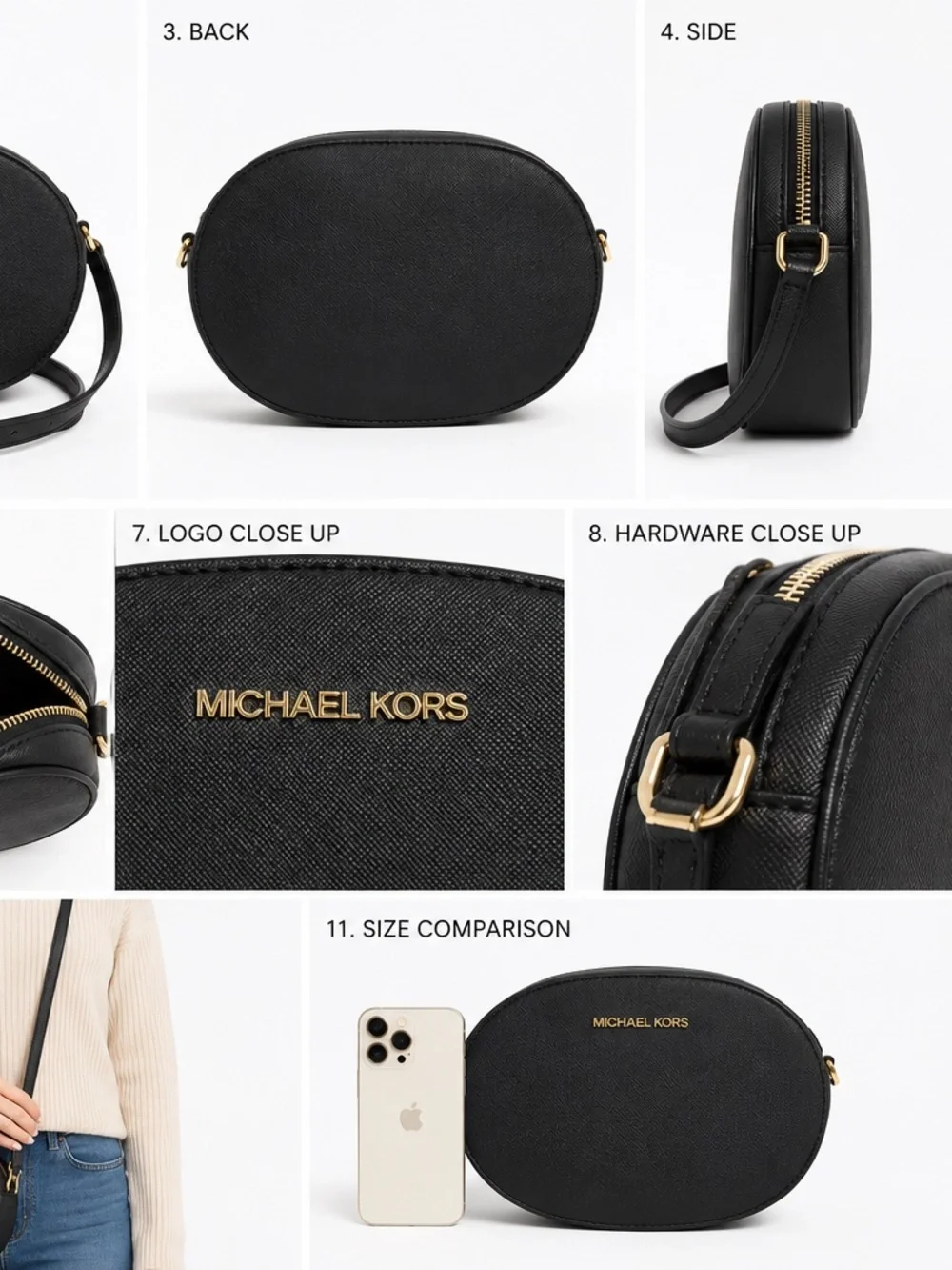 Michael Kors Black Oval Crossbody Bag Saffiano Leather Gold Logo Purse EUC